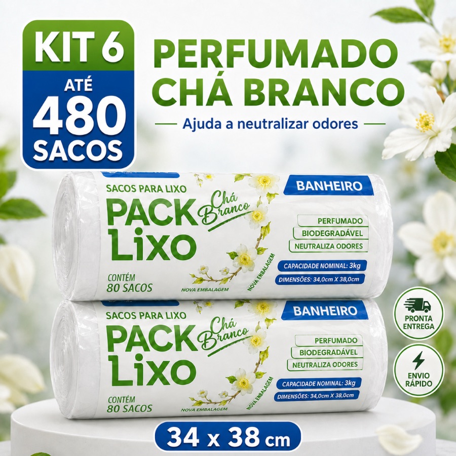 Sacos de Lixo Perfumado Chá Branco Kit Para Pia e Banheiro 34x38cm Neutraliza Odores 10L