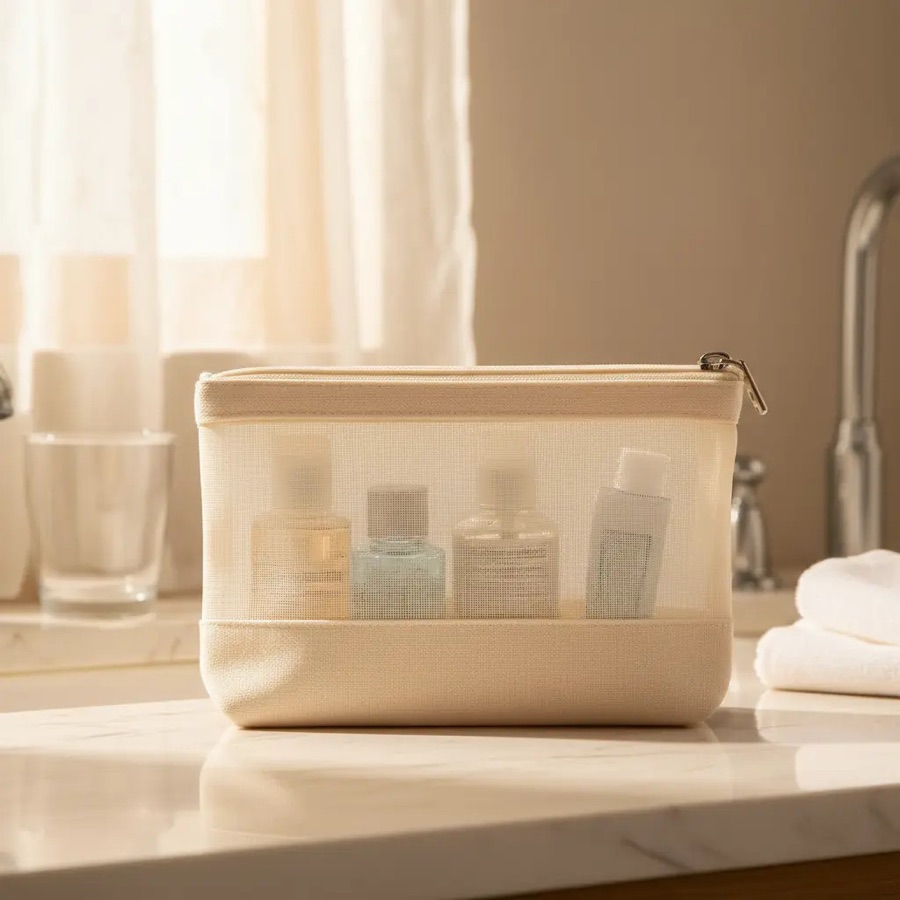 Necessaire Algodão Cru Eco Friendly 20x13cm Com Tela Frontal Bege Lisa