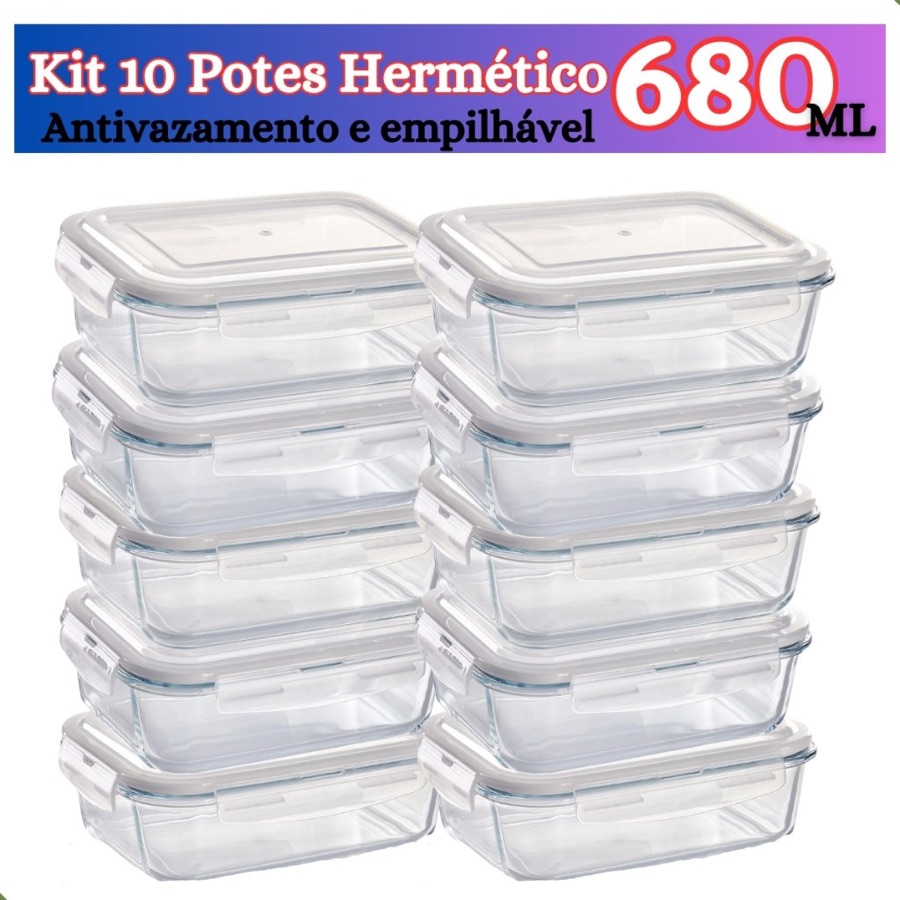 Kit de 6 até 12 Potes de Vidro 640ml - 370 ml Hermético Marmita Fit com Tampa 4 Travas Premium