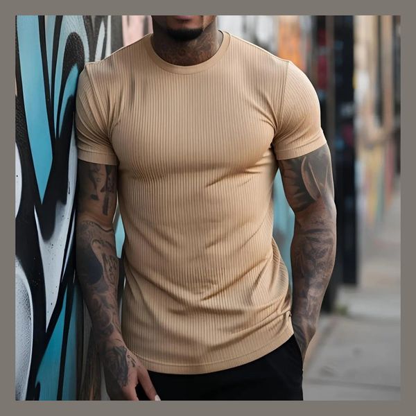 Camiseta Texturizada Elegante Masculina Básica Canelada Slim