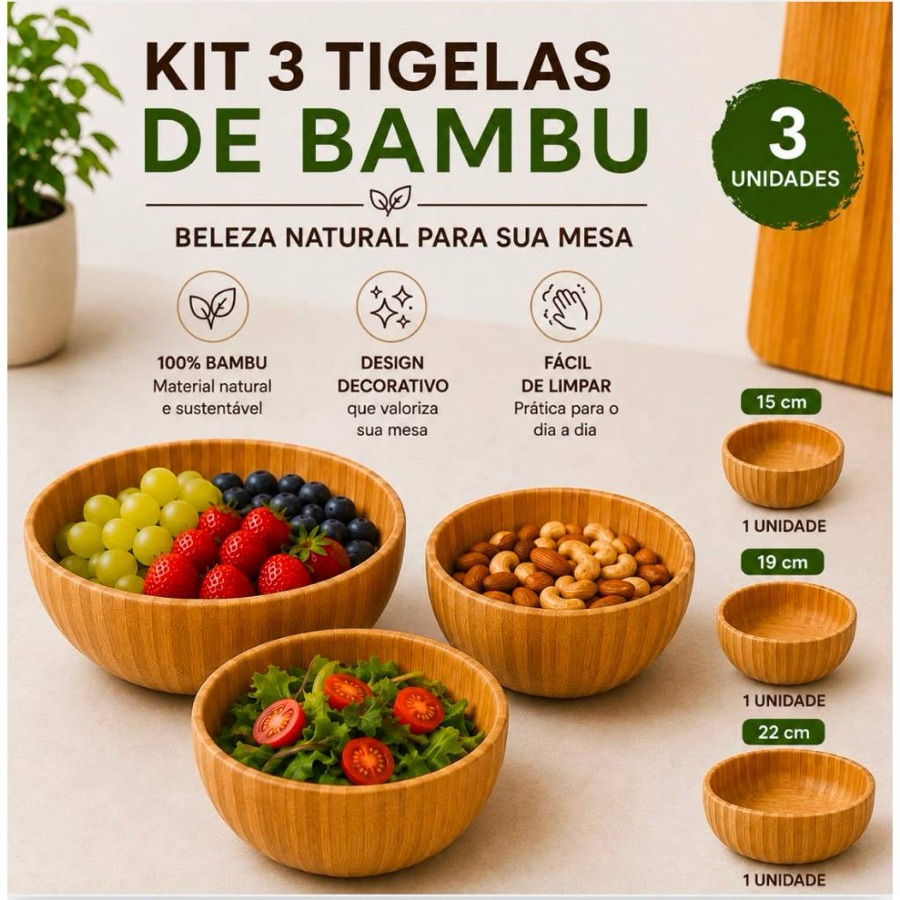 Kit 1 2 ou 3 Bowl Tigela Saladeira Fruteira Pote Canelado Redondo Bambu 15cm-500ml 18cm-1000ml 22cm-1500ml