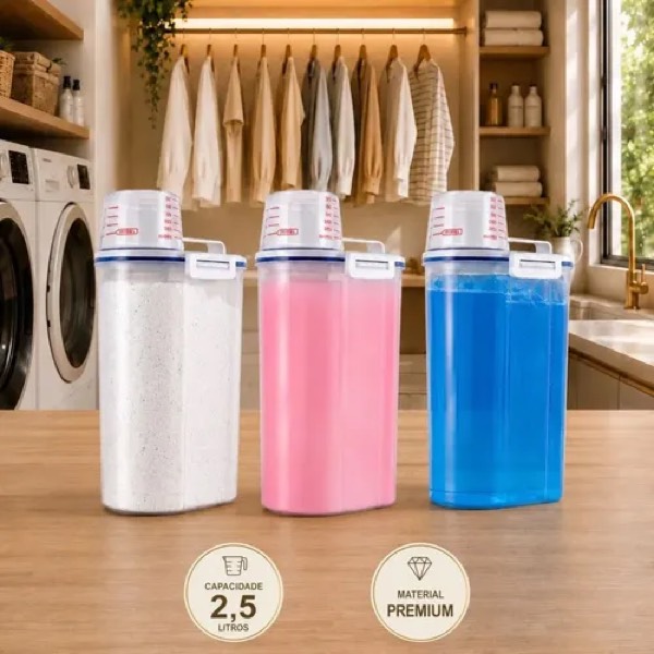 Kit 3 Potes Herméticos 2,5 Litros Dispenser Organizador Lavanderia Para Sabão em Pó Detergente Amaciante Drop Shopy
