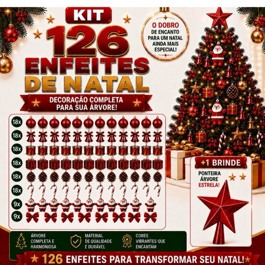 Kit 126 Enfeites Arvore de Natal Completo Decorada Decoração Natalina Acessórios Bolinhas Laços + Estrela Brinde