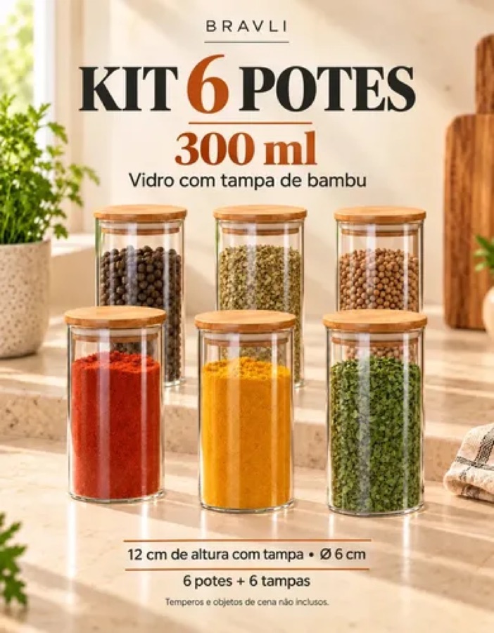 Kit 6 Pote Tampa De Bambu 300ml Hermético Vidro Borossilicato Porta Temperos Mantimentos Alimentos Redondo Cor Transparente Bravli