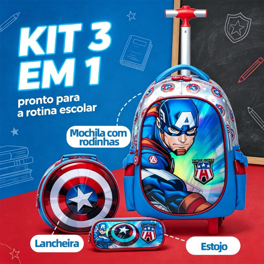 Kit Mochila Rodinhas Capitão América Infantil Escolar Lancheira Estojo