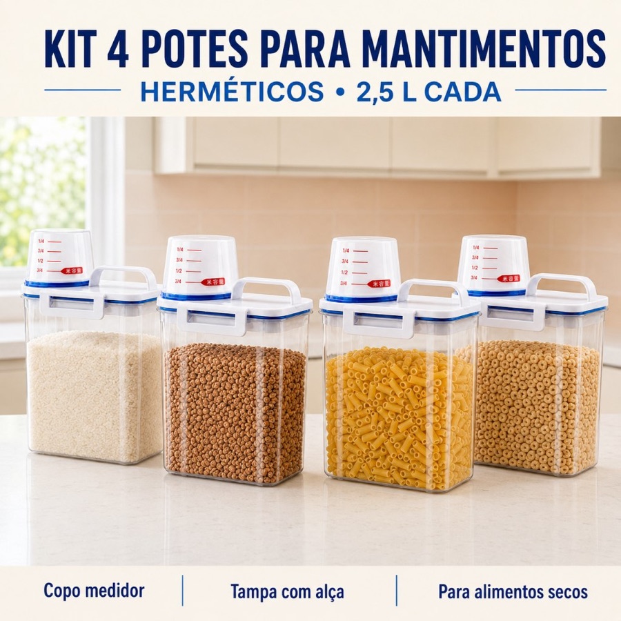 Kit 4 Potes para Mantimentos 2,5 L Herméticos com Bico Dosador e Copo Medidor para Organizar Cozinha e