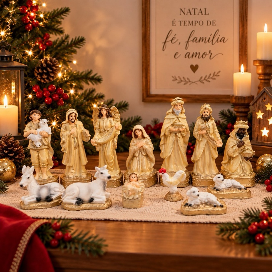 Presépio de Natal Completo 13 Peças 15cm Gesso Resinado com Detalhes Realistas e Alta Durabilidade