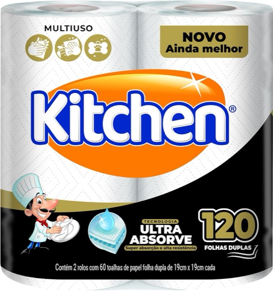 Papel Toalha Kitchen Folha Dupla - Pack com 2 rolos de 60 unidades de 19x22 cm cada