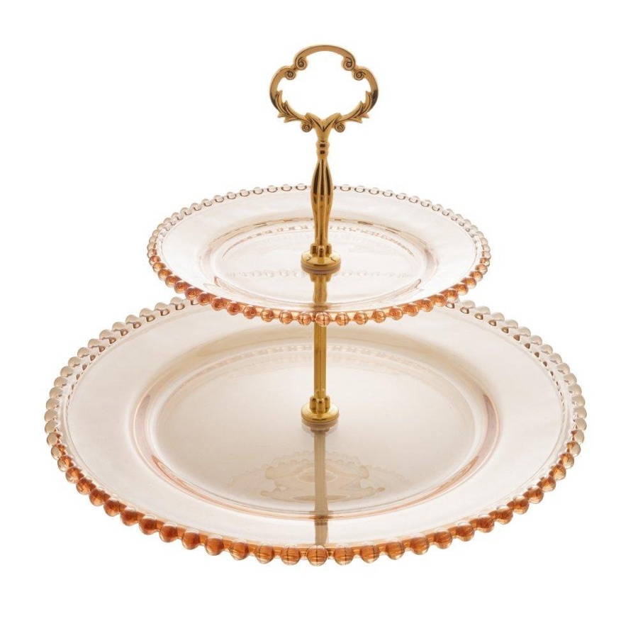 Prato Duplo para Doces Cristal Pearl Âmbar Metalizado Wolff 2 Andares para Sobremesas Frutas Festa Mesa Posta Decorativo