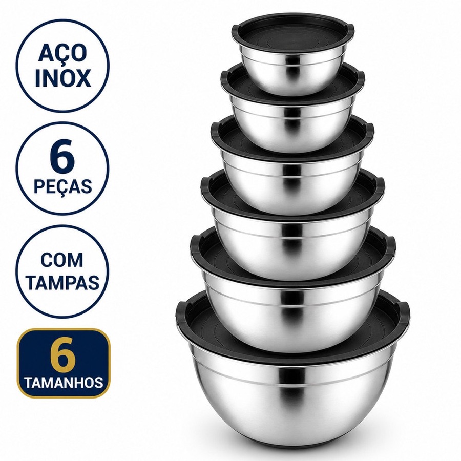 Conjunto Bowls de Inox com Tampa Plástica 6 Peças