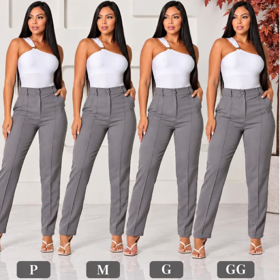 Calça Alfaiataria Social Casual Feminina Bolsos  Botão Forrado Elegante Cintura Alta Confortável
