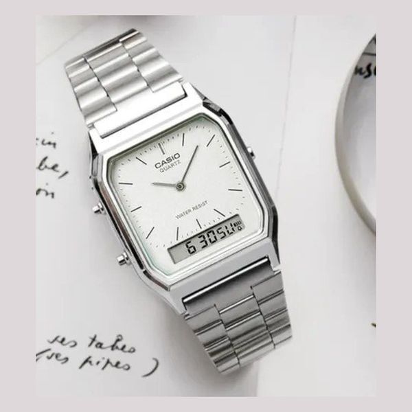 Relógio Casio Masculino Retangular Aq-230a-7dmq Prata Branco