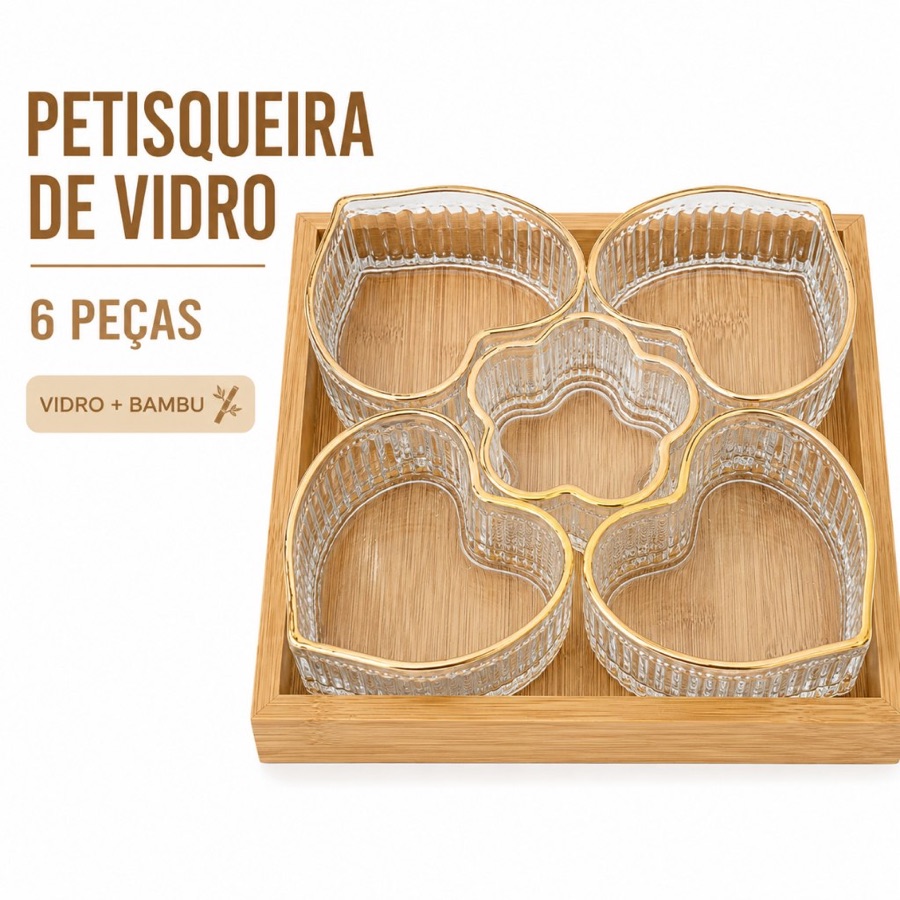 Petisqueira de Vidro 6 Peças com Bandeja de Bambu Tigelas Coração e Flor para Petiscos Doces e Frutas