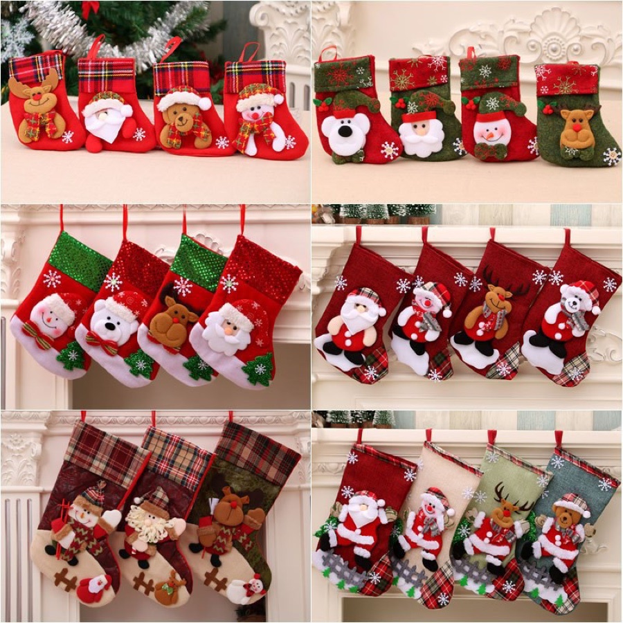 KIT 4 Meias de Natal Decorativas Premium em Tricô 3 Tamanhos, Diversas Estampas para Lareira, Sala e Árvore de Natal