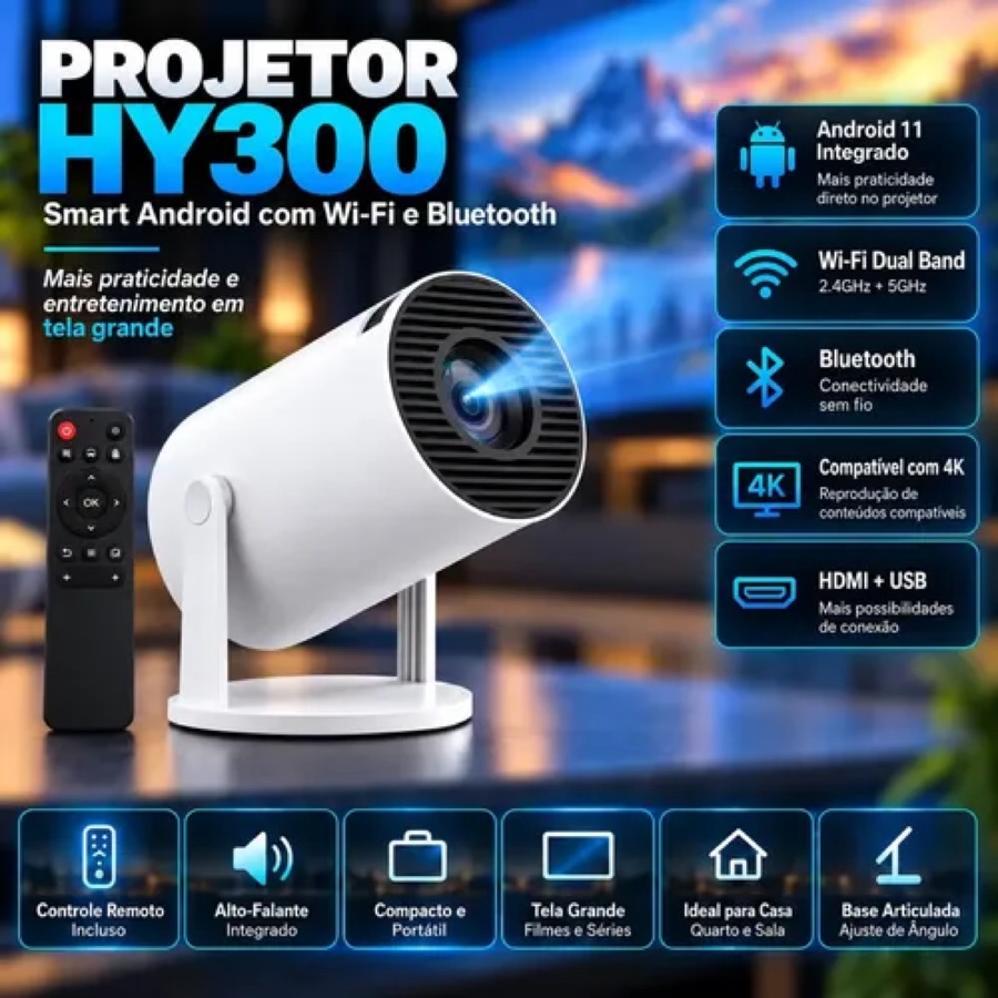 Projetor Portátil HY300 Mini 4K Compatível Android 11 Wi-Fi 5G Bluetooth Smart Portátil Rotação 180° Tela Grande para Filmes Séries Jogos Au
