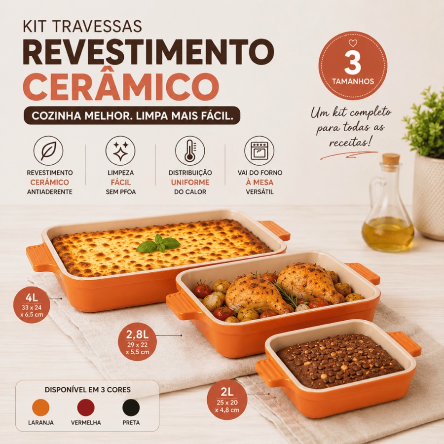 Kit 3 Formas Retangulares 2L 2,8L 4L Revestimento Cerâmico p/ Forno Travessa Lasanha Assados