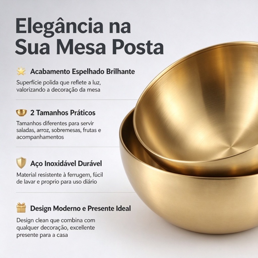 Tigela Bowl de Aço Inoxidável Dourada Diversos tamanhos