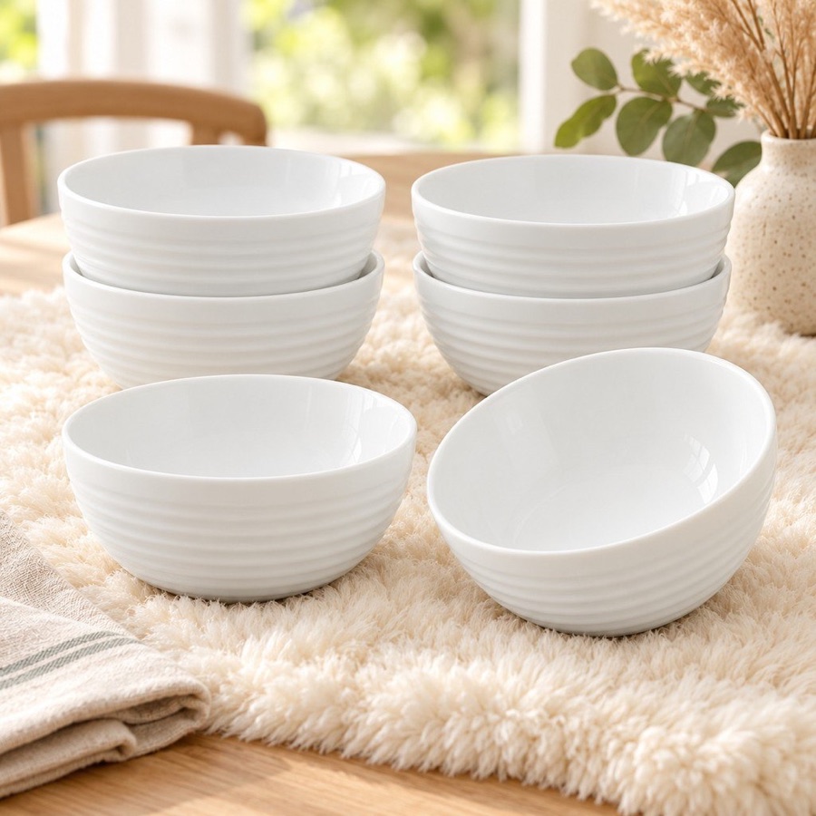 Kit 6 Bowls Vidro Opalino 540ml Branco Canelado Tigela Sobremesa Açaí Sorvete Cumbuca Salada de Frutas