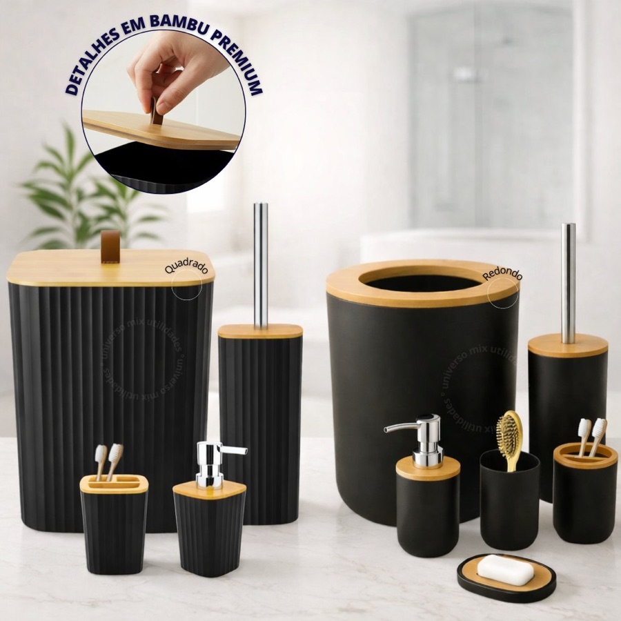 Kit Banheiro Completo Lixeira C/ Tampa Detalhes Em Bambu Luxo