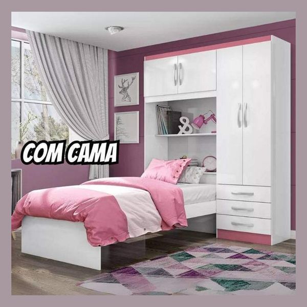 Guarda Roupa Infantil Menina com Cama 4 Portas 3 Gavetas Espresso Móveis Branco/Pink