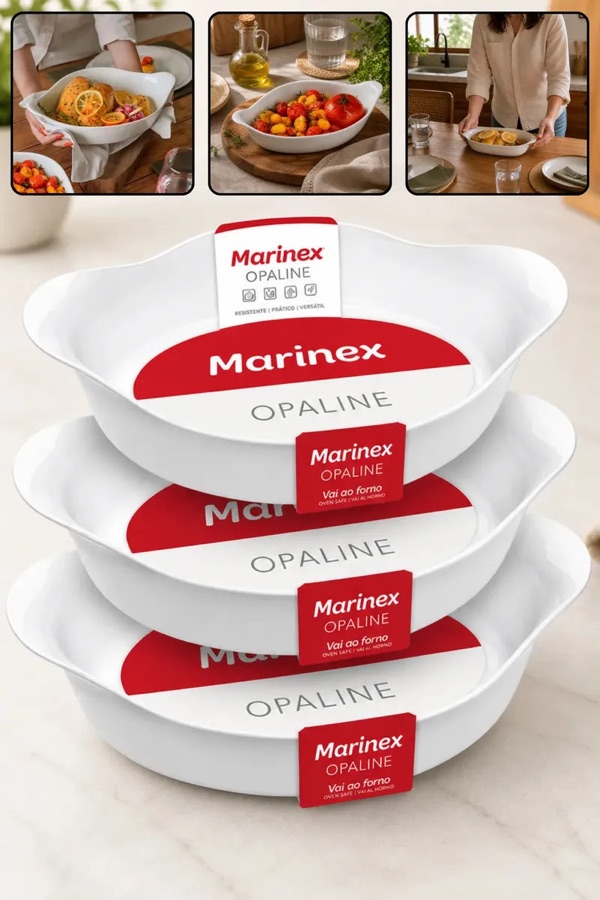 Kit 3 Travessas Marinex Opaline Oval 3 Tamanhos Forma De Vidro Temperado Branco Alta Resistência Térmica Jogo De Assadeiras Vai ao Forno Mic