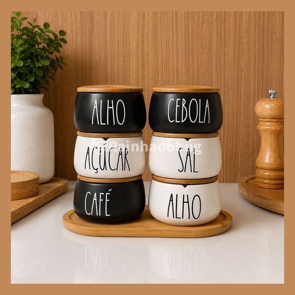 Pote em Cerâmica com Tampa de Bambu Minimalista Chique Personalizado