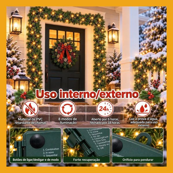 Festão Aramado Natal 2,70m 280 Galhos Decoração Com 50 Leds Verde