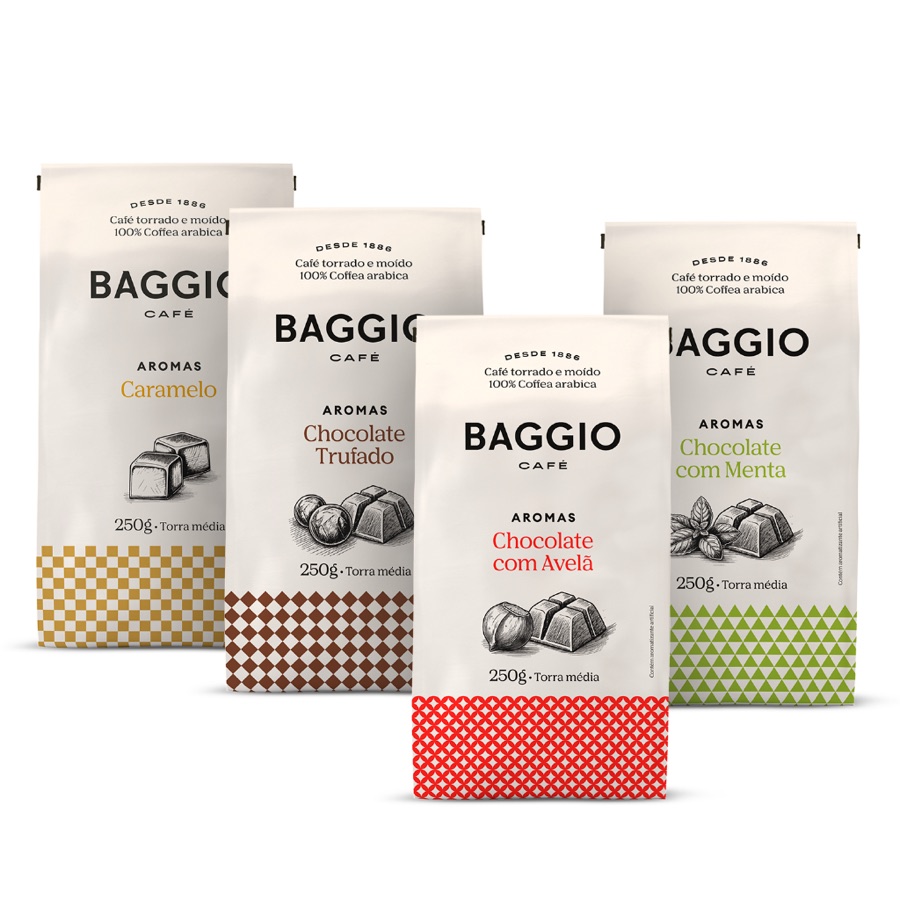 Kit Café Moído Baggio Aromas 1kg (4x250g) - Caramelo, Chocolate Trufado, Chocolate com Avelã e Menta