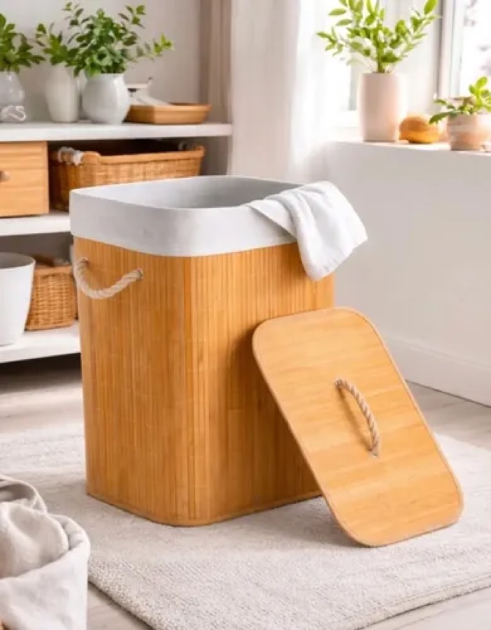 Cesto De Roupa Suja Bambu Dobrável Com Tampa Alças 72 Litros Bambu