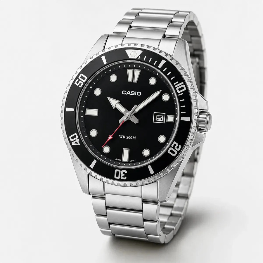 Relógio Masculino Casio Analógico Em Aço Inoxidável 44 Milímetros Com Fundo Preto Dial Luminescente Calendário Prova D agua 200m Mdv107d1a1v