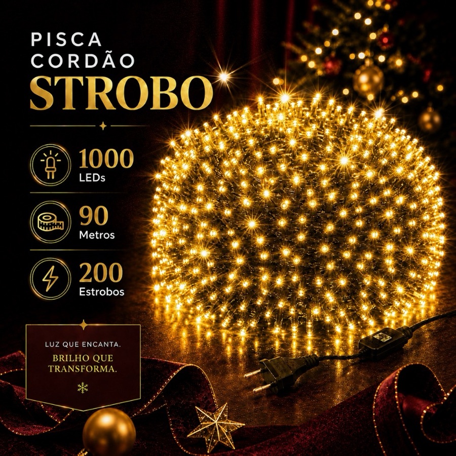 Cordão Strobo Natal 50/90/30 Metros Bivolt 500/1000/300 Leds Prova D'Água Luz Branco Quente