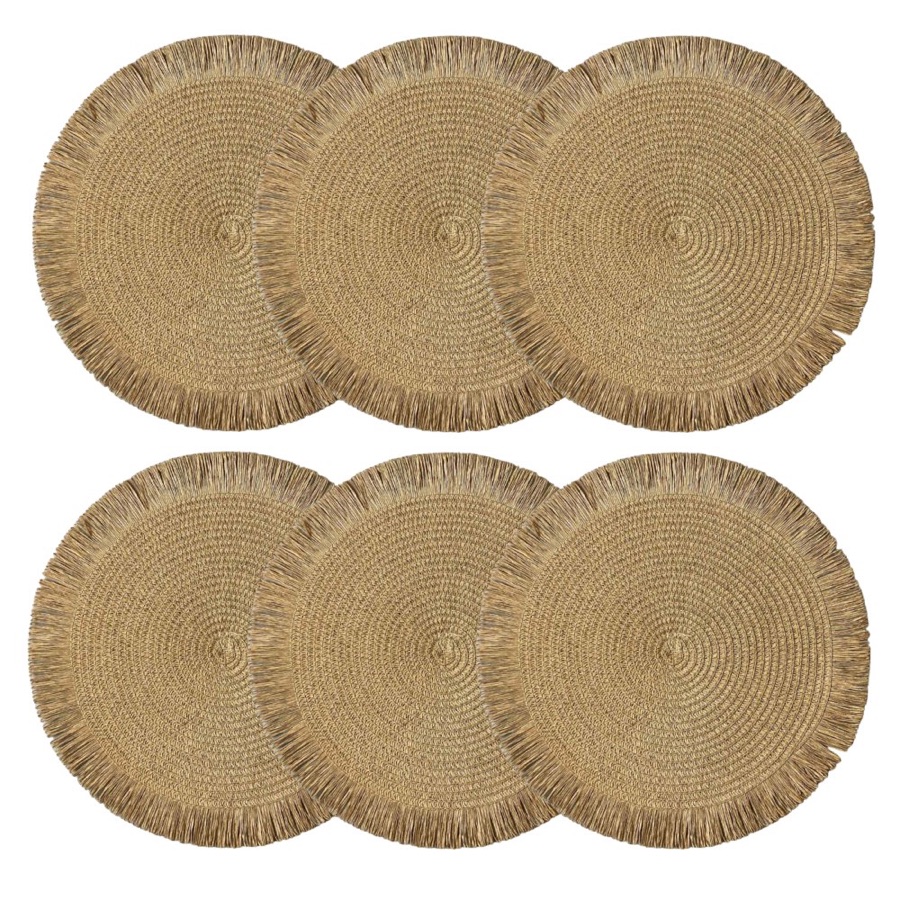 Kit com 6 Peças jogo americano Caramelo Franja Redondo Trançado 38cm Tapete de Mesa Posta