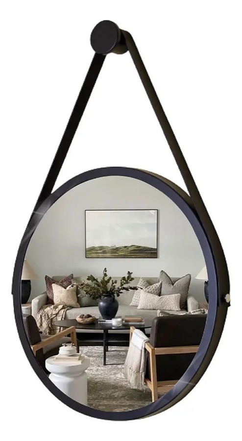 Espelho Redondo Decorativo Suspenso Alça 20cm + Pino Brinde Preto