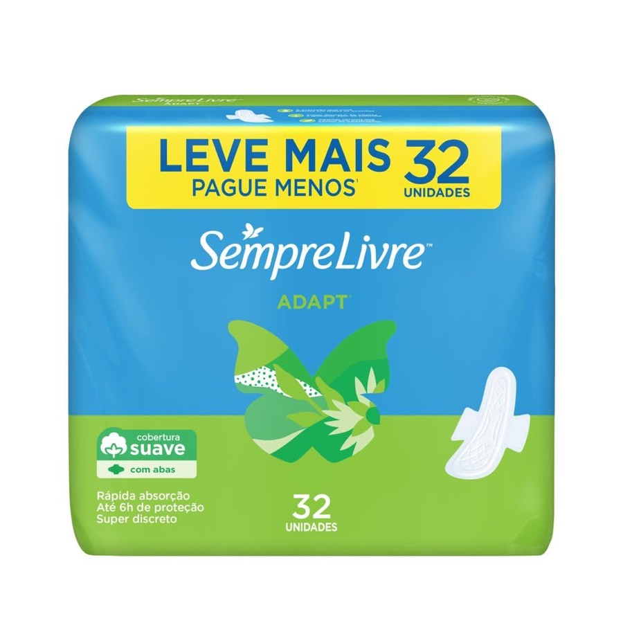 Absorvente com Abas Sempre Livre Adapt, Cobertura Suave, 32 Unidades