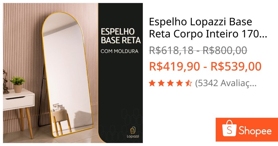 Espelho Lopazzi Base Reta Corpo Inteiro 170x70 Com Suporte de Chão Moldura Alumínio Quarto Sala Decorativo