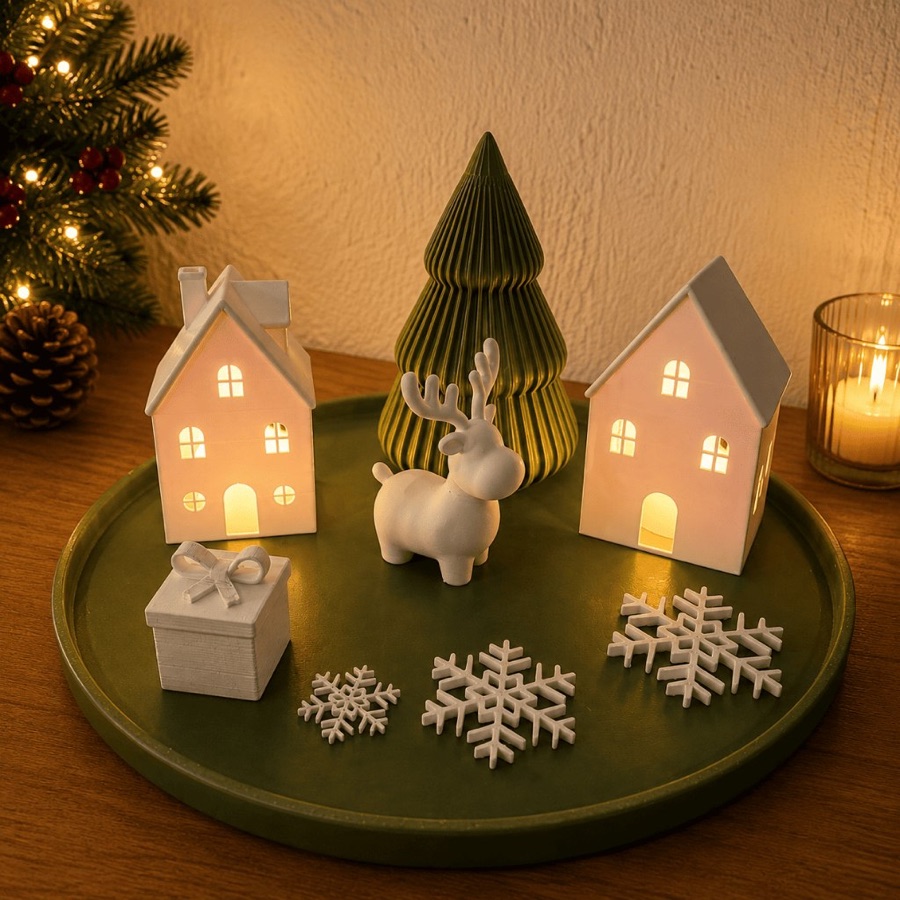 Kit Decoração Natalina com Casinhas Iluminadas, Árvore, Alce e Bandeja Enfeite de Natal Branco e Verde Oliva