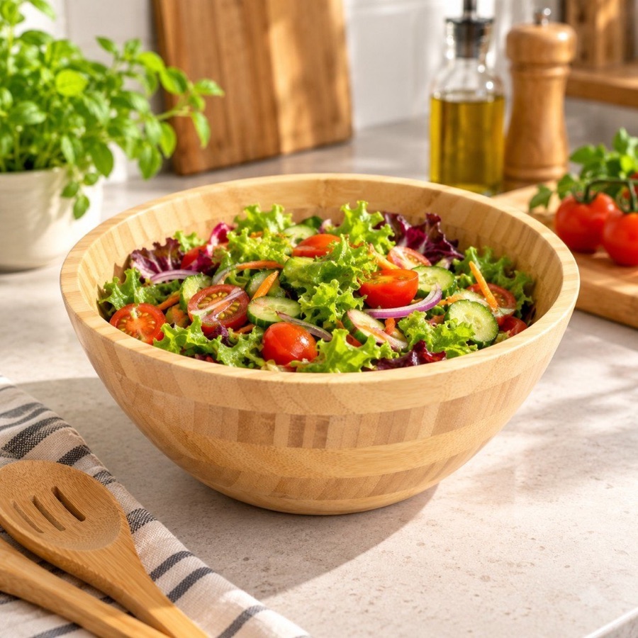 Saladeira de Bambu 25cm Natural de Alta Qualidade Tigela Redonda para Saladas e Frutas - Lavável