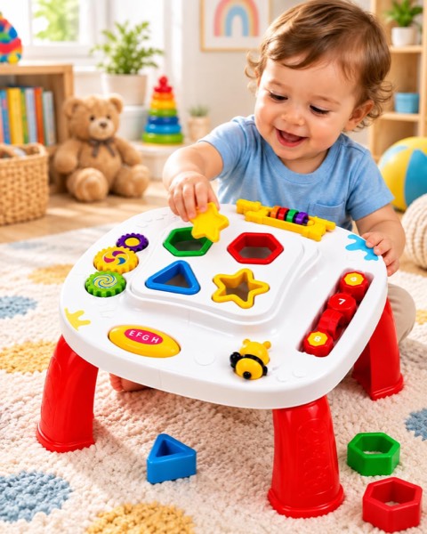 Mesinha Didática Infantil com Atividades e Som, Brinquedo Educativo com Formas de Encaixe, Engrenagens e Peças Móveis para Coordenação Motor