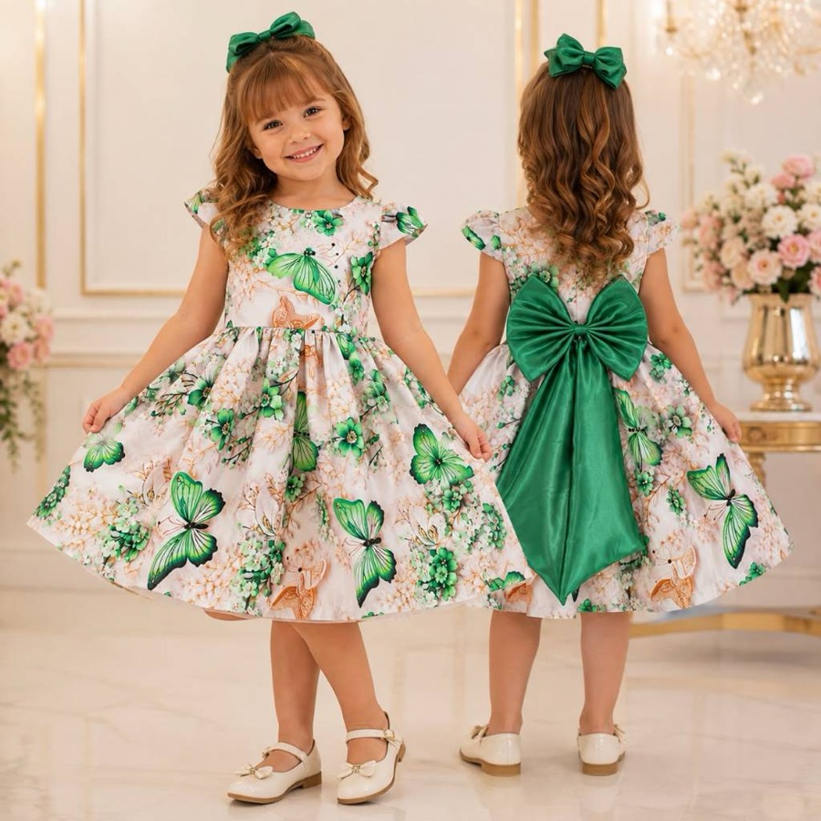 Roupa Infantil Menina Rodado Estampado Floral  Borboleta Festa Aniversário Princesa 2 a 10 Anos