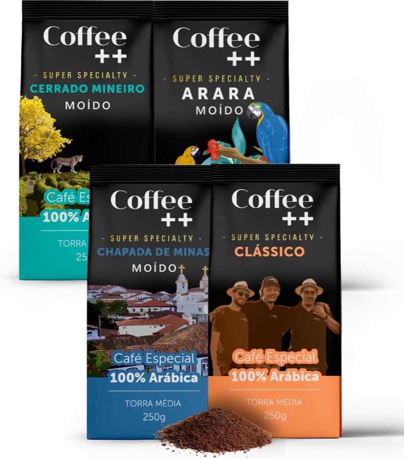 Kit 4 Pacotes Café Especial Torrado e Moído Coffee Mais Variedades: Cerrado Mineiro, Arara, Chapada de Minas e Clássico - 100% Arábica (4x25