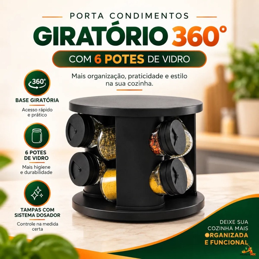 Porta Condimentos Giratório 360 com 6 Potes de Vidro e Tampa Dosadora