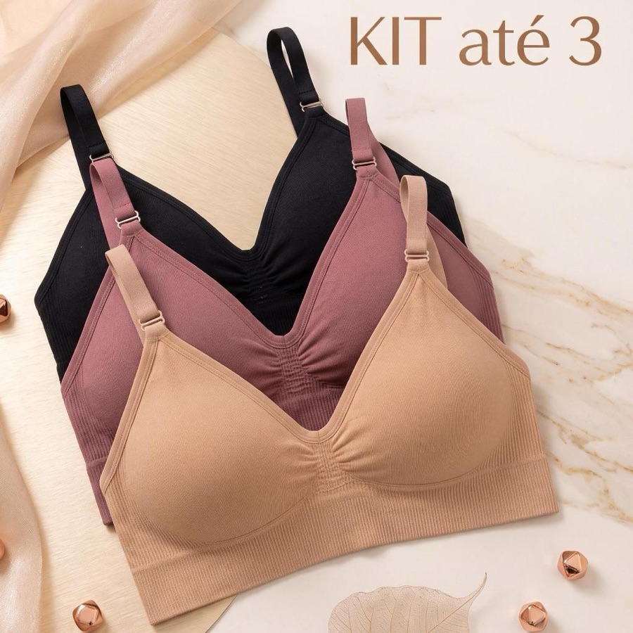 KITS  Sutiãs Feminino Sem Costura Alça Fina Canelado  Com Bojo Removível Poliamida