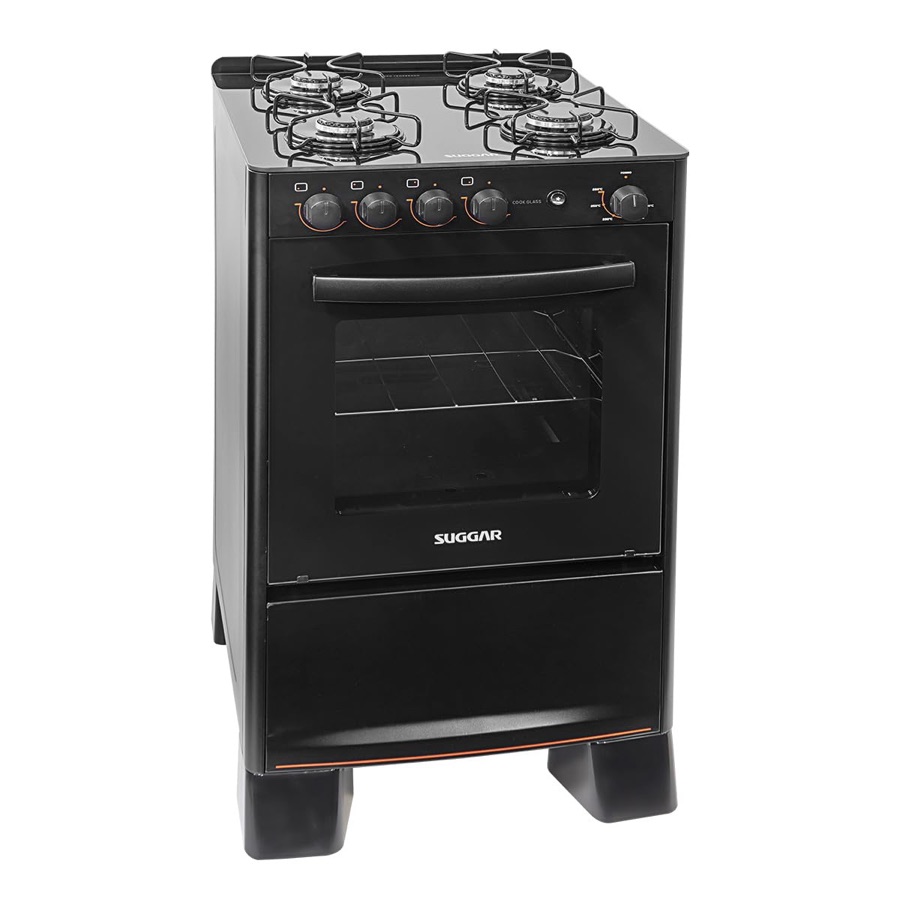 Suggar Fogão de Piso a Gás 4 Bocas Cook Glass com Mesa de Vidro Temperado Preto FGVCG410PT Bivolt 56 Litros 24,5 kg