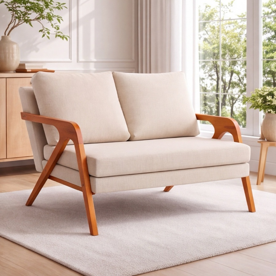 Poltrona Namoradeira Estofada Tecido Em Linho Premium Pés Em Madeira Maciça Resistente Compacto Design Moderno