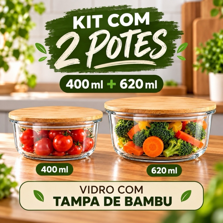 Potes De Vidro Hermético Redondo Marmita Potes Conjunto Pote Tampa de Bambu Borossilicato 400ml e 620ml