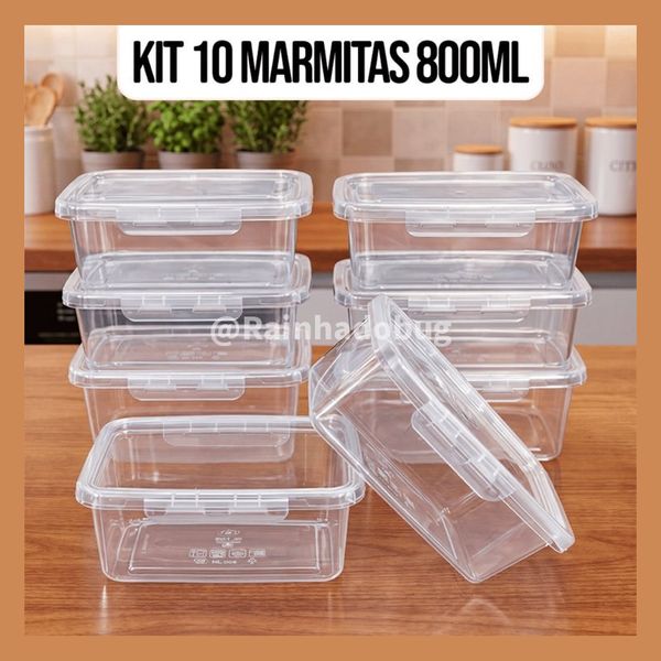 10 Marmitas Potes 800ml Travas Laterais hermeticas - Livres de BPA Alimentos organiza congelador - KAZIVA