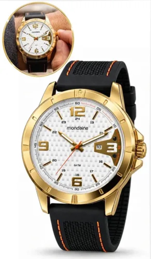 Relógio De Pulso Mondaine Com Corria De Silicone Cor Preto - Fondo Branco - Bisel Dourado
