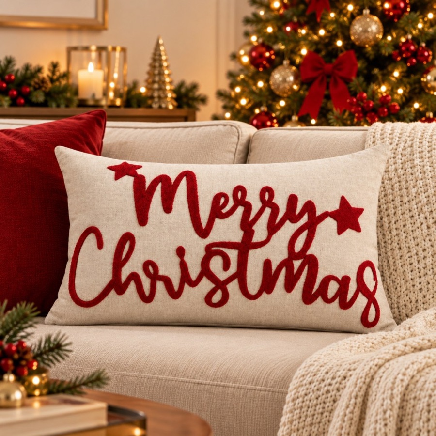 Capa De Almofada Retangular Linho com Boucle Natalino Decoração Enfeite Natal Baguete Merry Christimas 30x50cm
