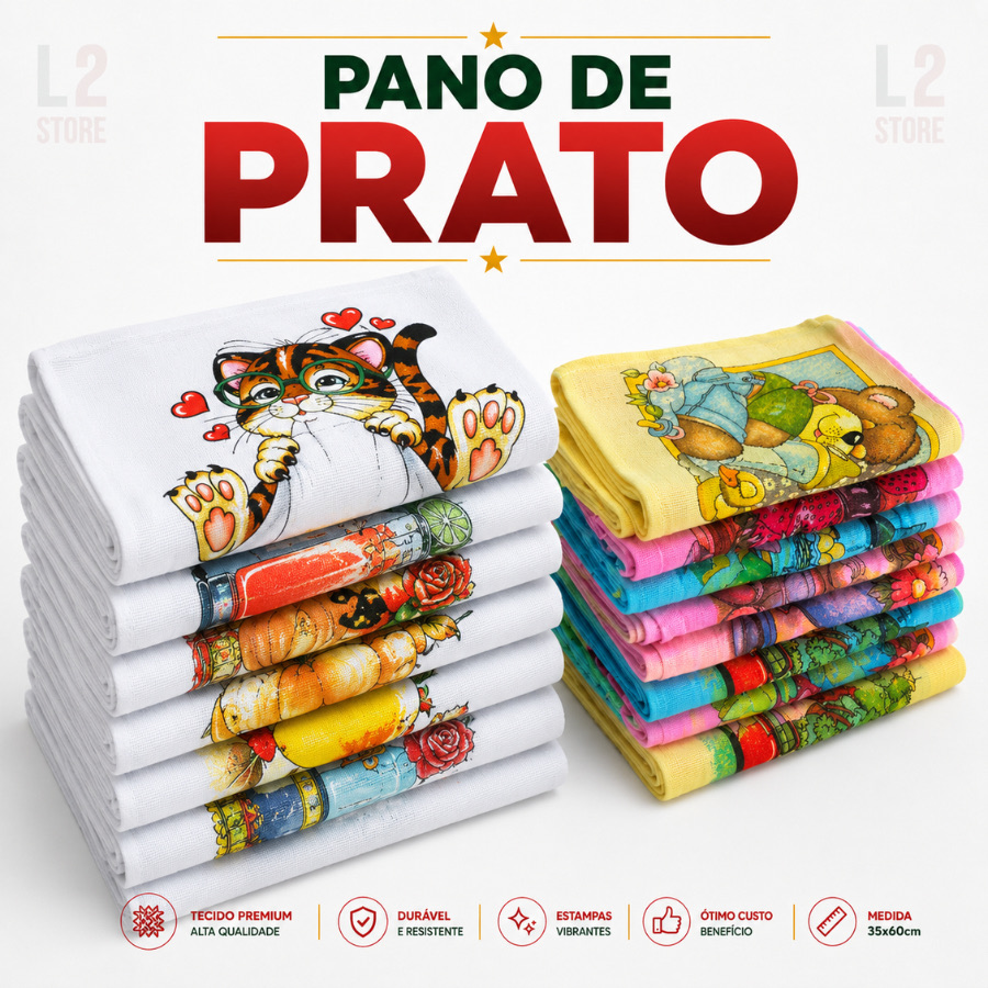 Kit 10 Pano De Prato Estampado Branco ou Colorido