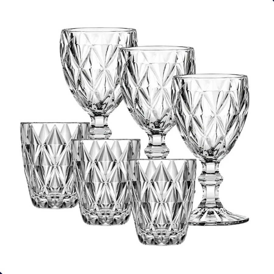 Kit 12 Peças Em Vidro 6 Copos 300ml + 6 Taças 340ml Diamond